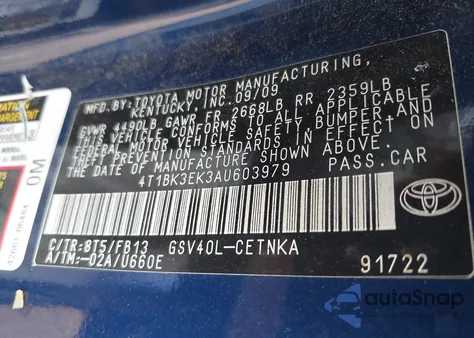 2010 Toyota Camry Se/Le/Xle z USA, uszkodzony, nr VIN 4T1BK3EK3AU603979